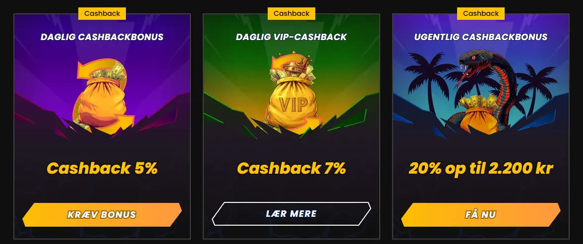 Oversigt over de tre cashback-bonusser hos Wild Tokyo Casino