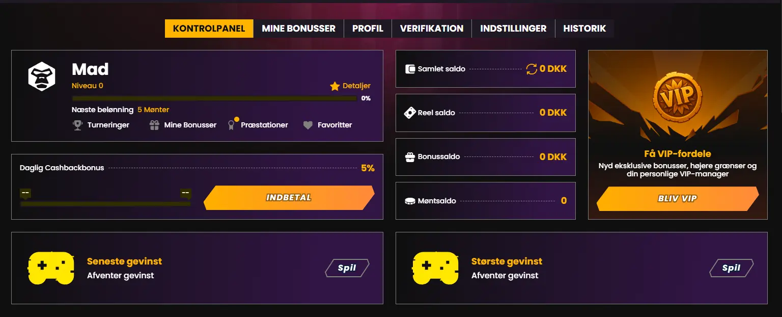 Kontrolpanelet med saldo, bonusser og transaktionshistorik